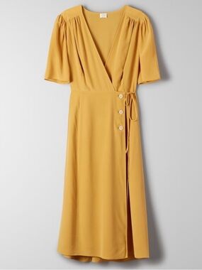 NEW Wilfred 100% Silk Mirabelle Wrap Dress Front Button Mustard Yellow Gold